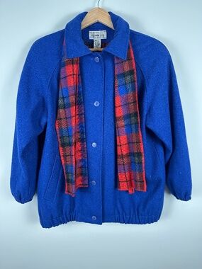 Vintage Herman Kay Blue Wool Blend Jacket Plaid Scarf Size 8